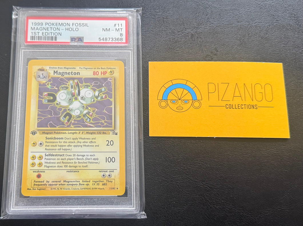 Magneton 1st Edition Fossil 11/62 Holo PSA 8